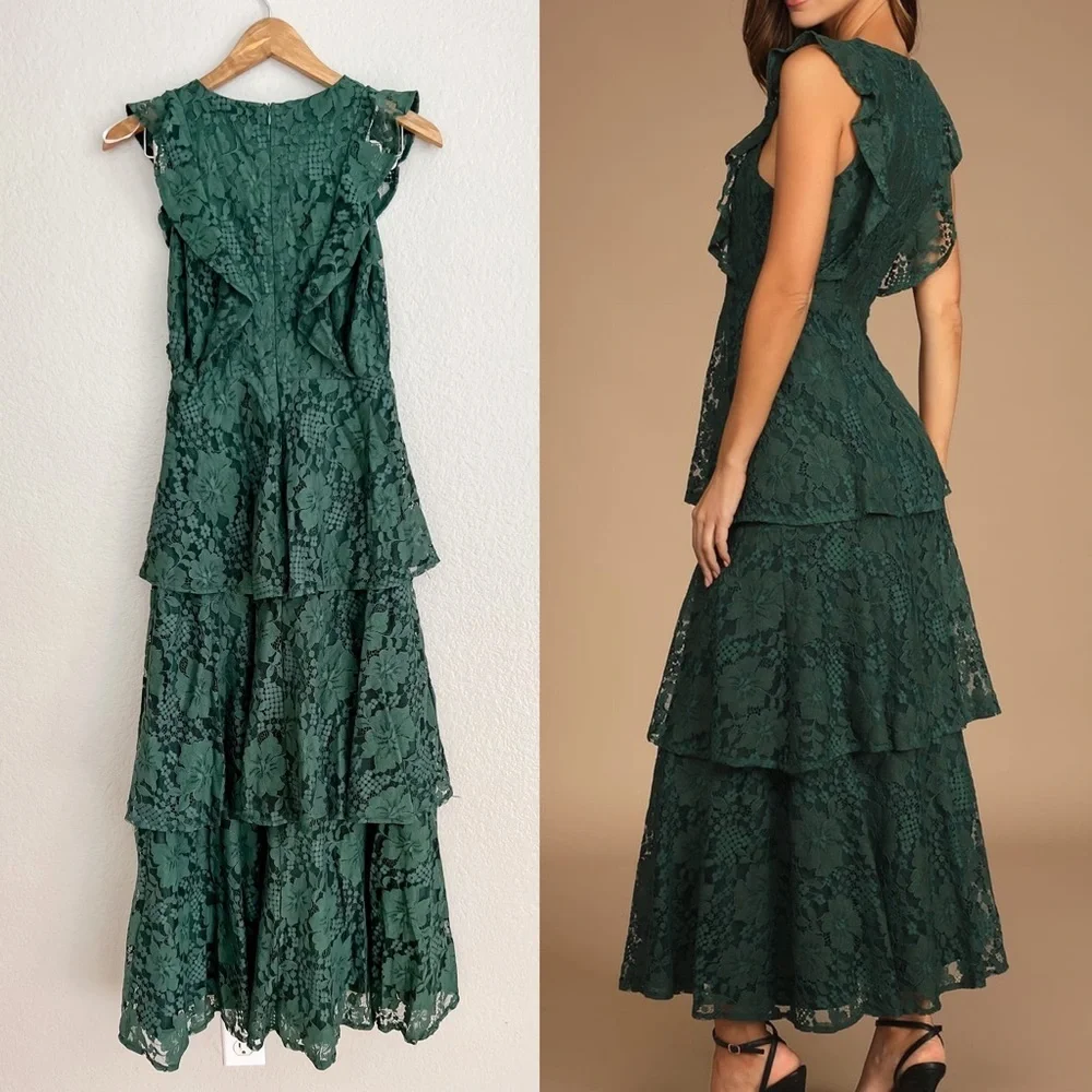 Molinetto Forest Green Lace Ruffled Tiered Sleeveless Maxi Dress_2